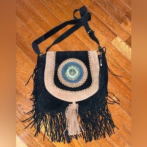 🖤🤎NWOT Black/tan suede crossbody bag  w. gold studs, turquoise, & seashells